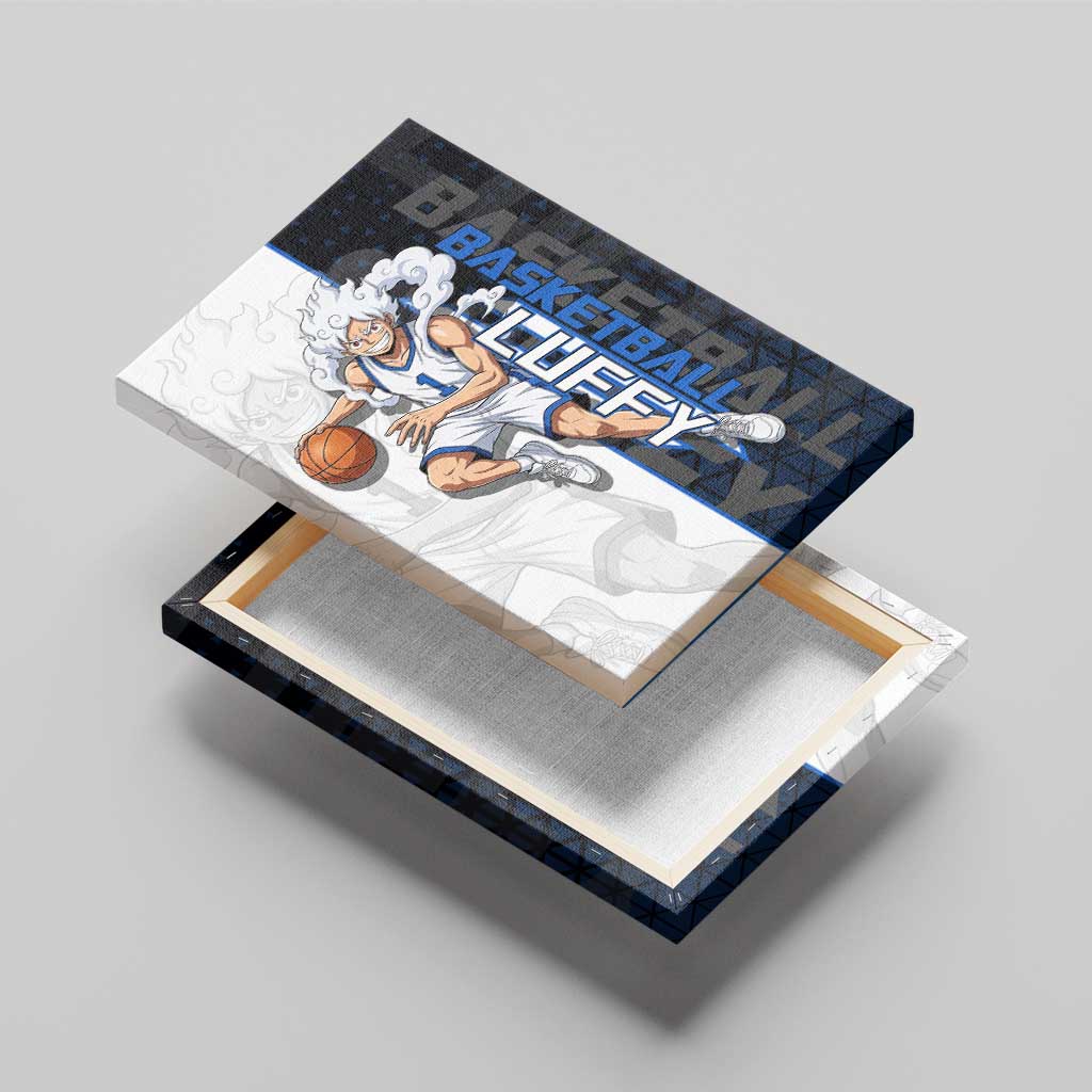 Luffy Gear 5 One Piece Basketball Theme White and Black Design Canvas Wall Art with Straw Hat Emblem and Dynamic Action Pose - The Mazicc