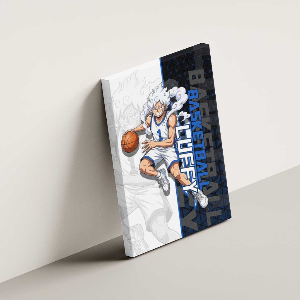 Luffy Gear 5 One Piece Basketball Theme White and Black Design Canvas Wall Art with Straw Hat Emblem and Dynamic Action Pose - The Mazicc