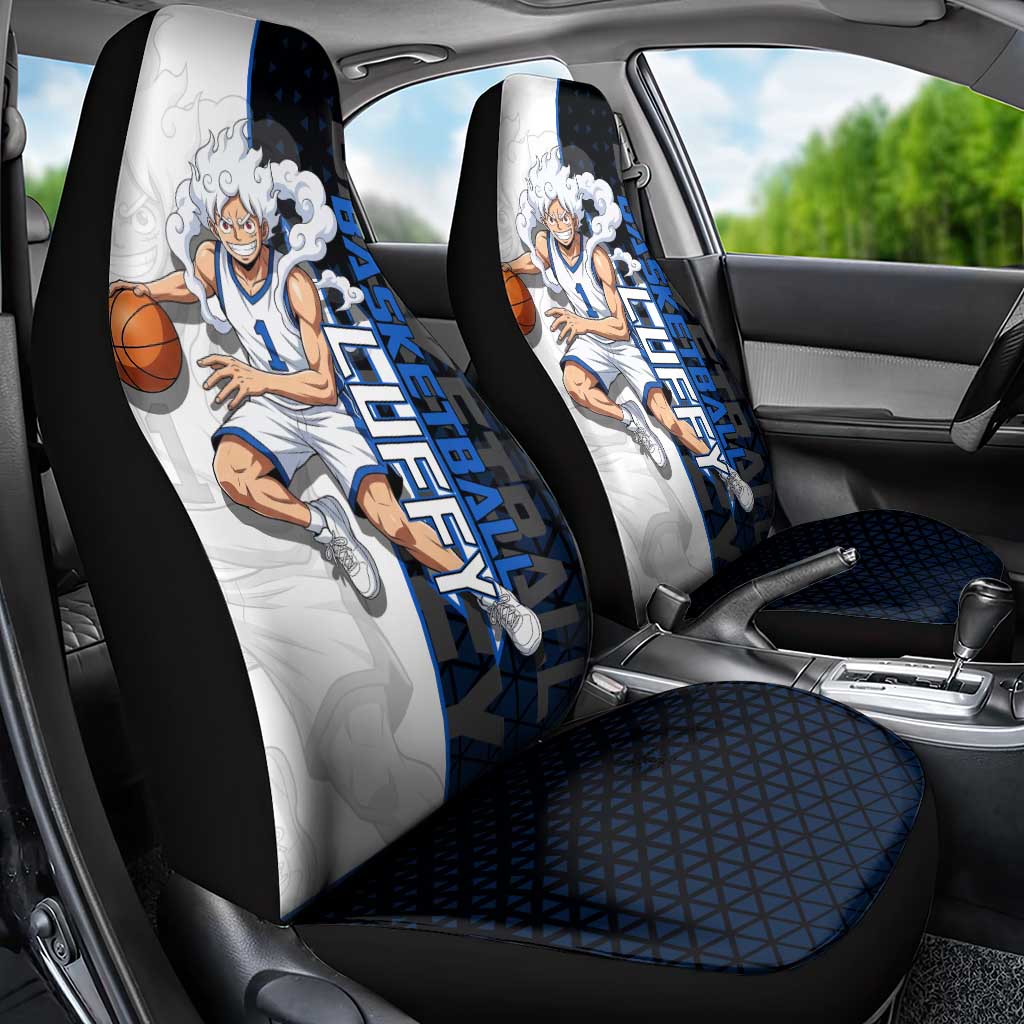 Luffy Gear 5 One Piece Basketball Theme White and Black Design Car Seat Cover with Straw Hat Emblem and Dynamic Action Pose - The Mazicc
