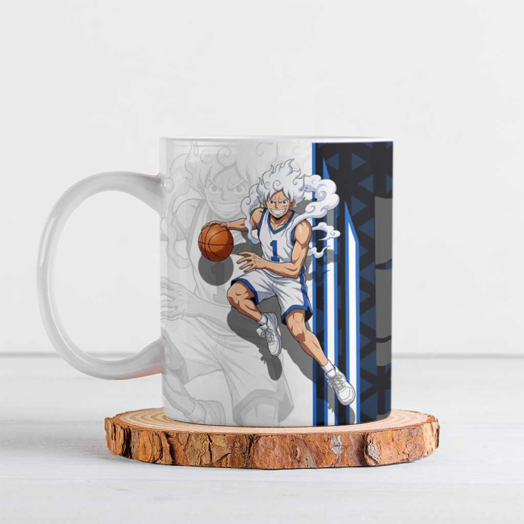 Luffy Gear 5 One Piece Basketball Theme White and Black Design Ceramic Mug with Straw Hat Emblem and Dynamic Action Pose - The Mazicc