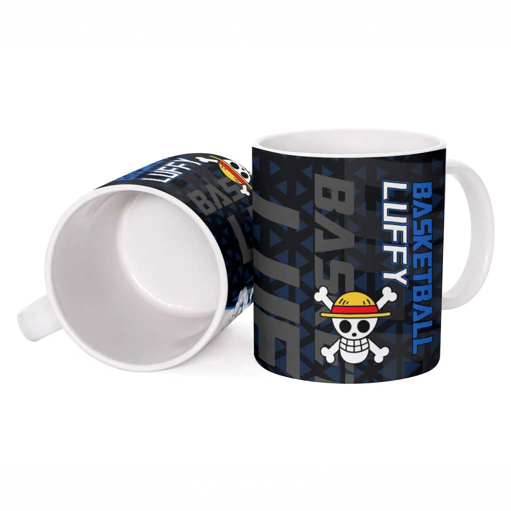 Luffy Gear 5 One Piece Basketball Theme White and Black Design Ceramic Mug with Straw Hat Emblem and Dynamic Action Pose - The Mazicc