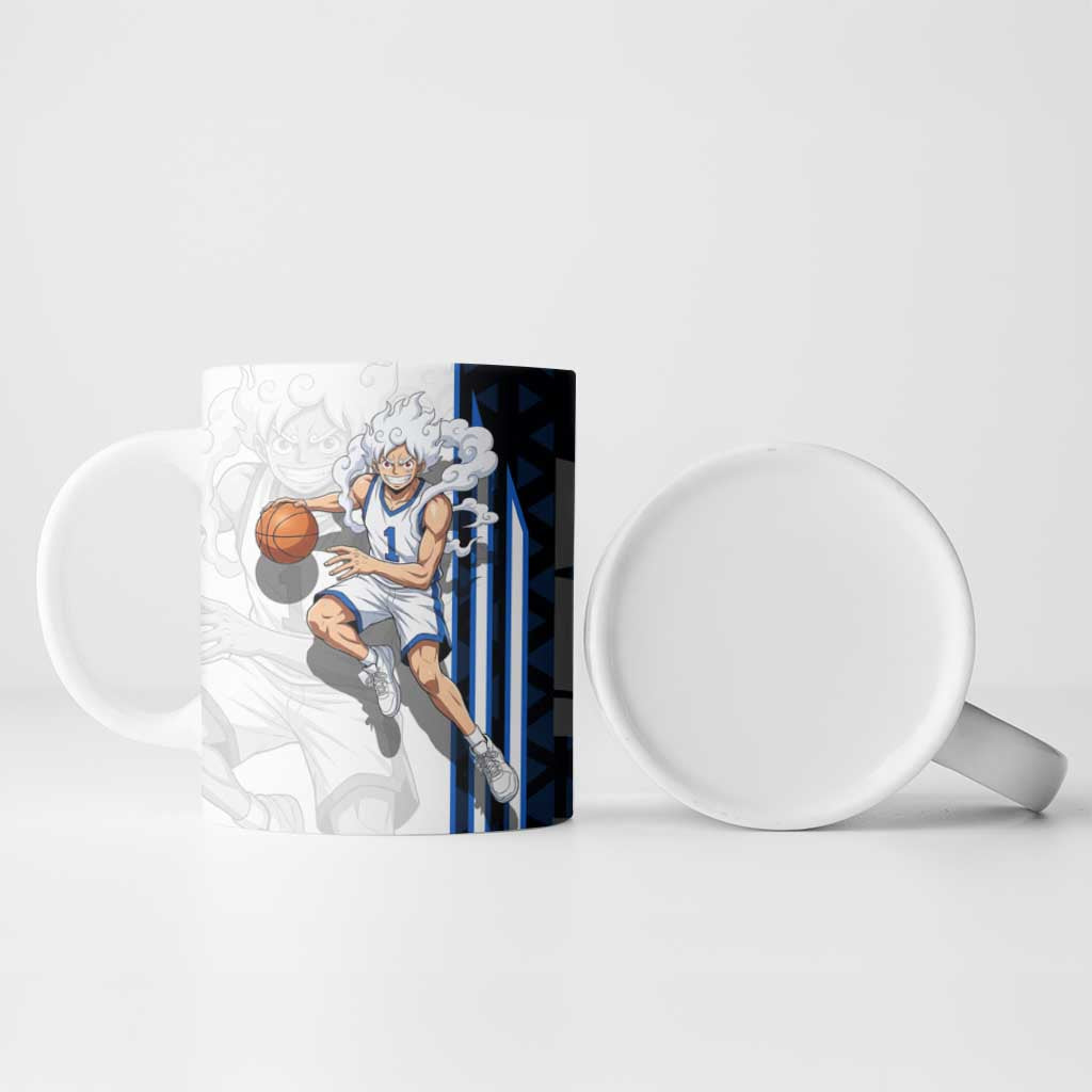 Luffy Gear 5 One Piece Basketball Theme White and Black Design Ceramic Mug with Straw Hat Emblem and Dynamic Action Pose - The Mazicc