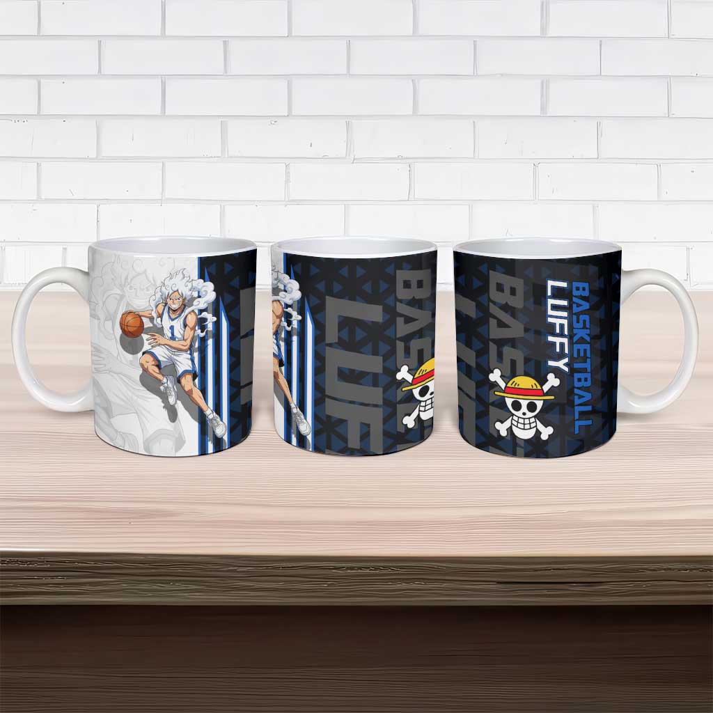 Luffy Gear 5 One Piece Basketball Theme White and Black Design Ceramic Mug with Straw Hat Emblem and Dynamic Action Pose - The Mazicc