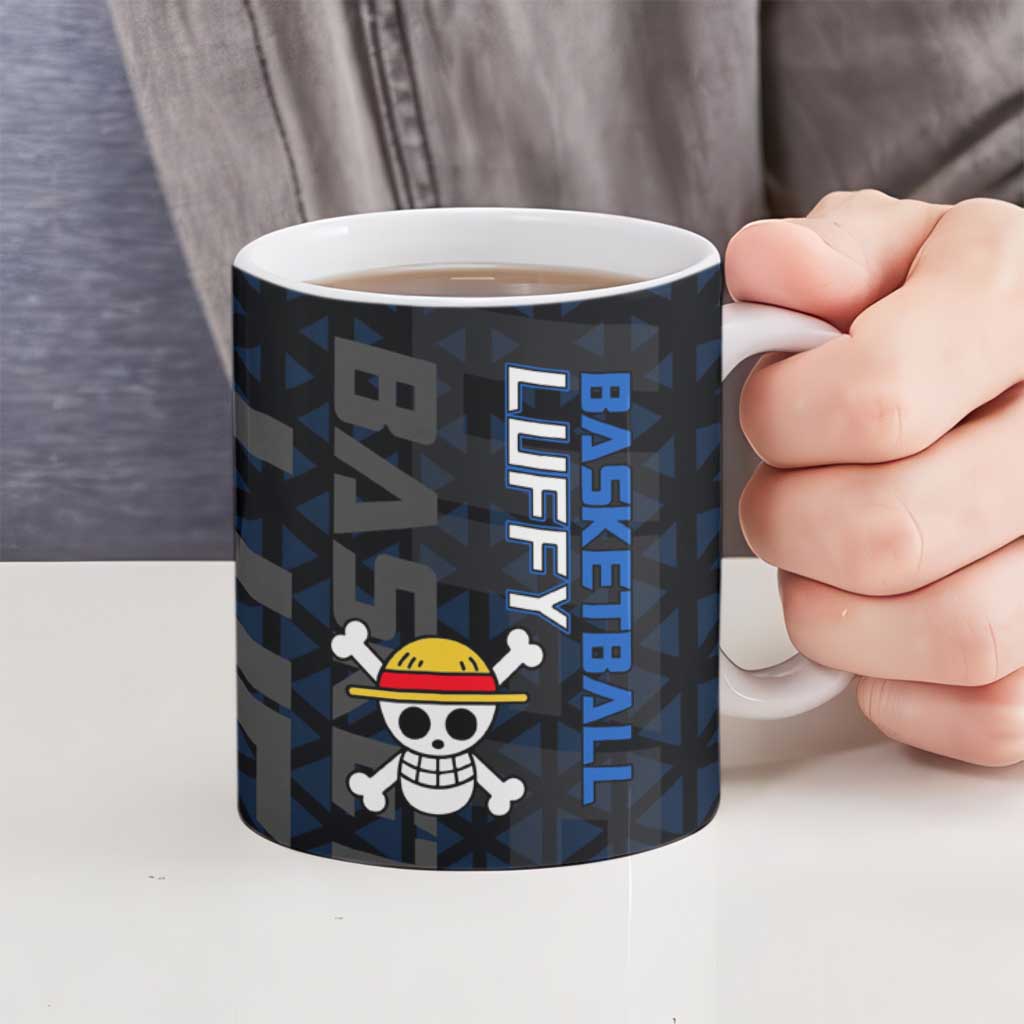 Luffy Gear 5 One Piece Basketball Theme White and Black Design Ceramic Mug with Straw Hat Emblem and Dynamic Action Pose - The Mazicc