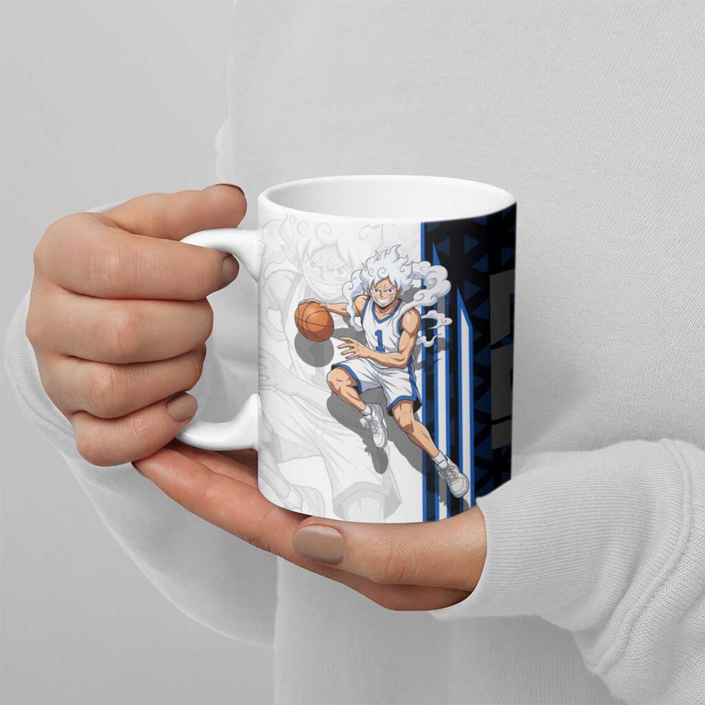 Luffy Gear 5 One Piece Basketball Theme White and Black Design Ceramic Mug with Straw Hat Emblem and Dynamic Action Pose - The Mazicc