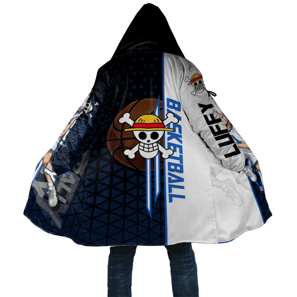 Luffy Gear 5 One Piece Basketball Theme White and Black Design Cloak with Straw Hat Emblem and Dynamic Action Pose - The Mazicc