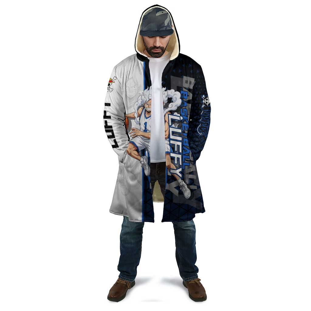 Luffy Gear 5 One Piece Basketball Theme White and Black Design Cloak with Straw Hat Emblem and Dynamic Action Pose - The Mazicc