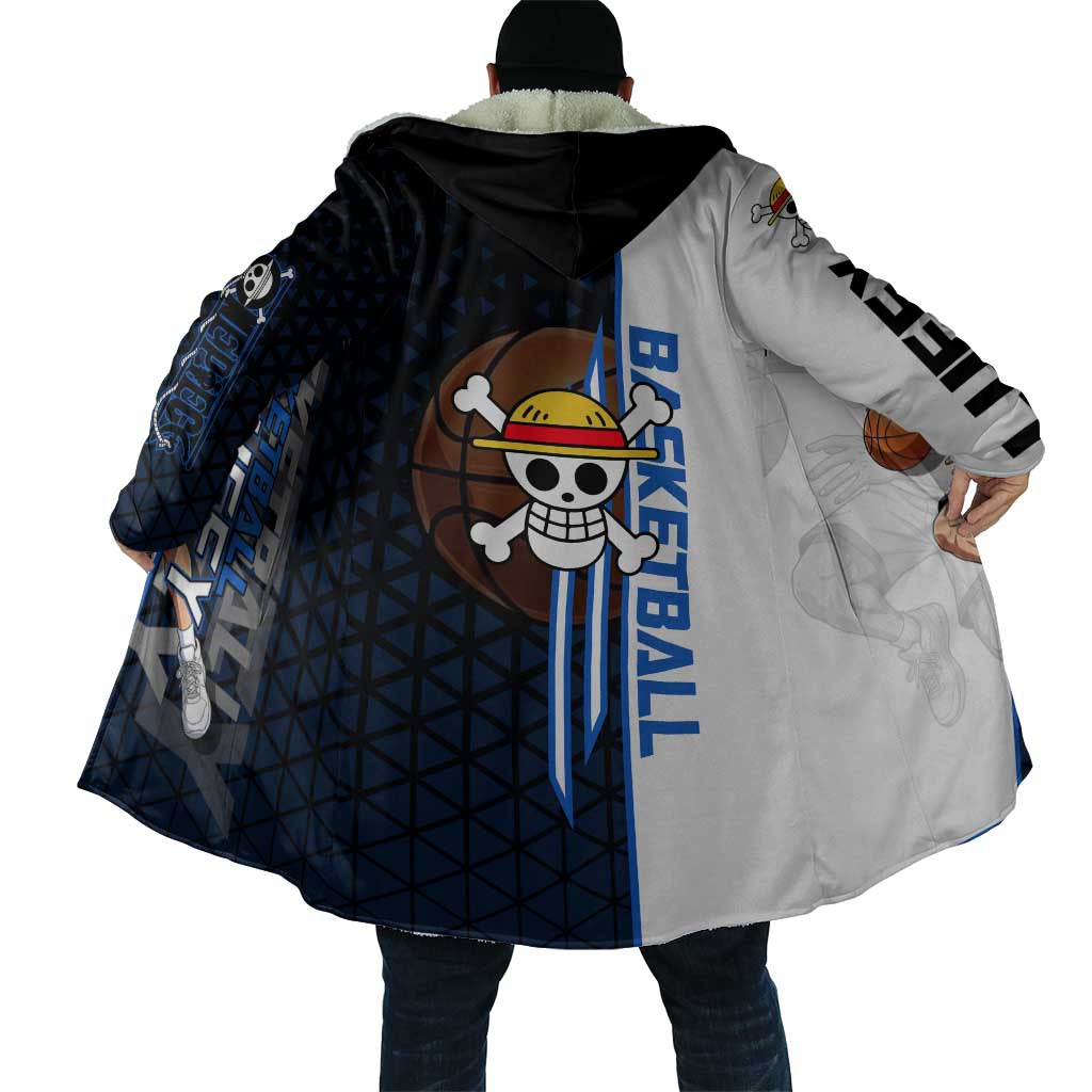 Luffy Gear 5 One Piece Basketball Theme White and Black Design Cloak with Straw Hat Emblem and Dynamic Action Pose - The Mazicc