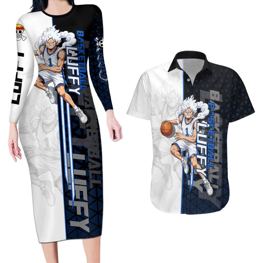 Luffy Gear 5 One Piece Basketball Theme White and Black Design Couples Matching Long Sleeve Bodycon Dress and Hawaiian Shirt with Straw Hat Emblem and Dynamic Action Pose - The Mazicc