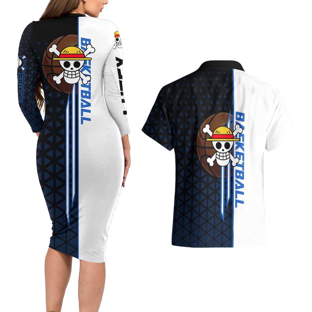 Luffy Gear 5 One Piece Basketball Theme White and Black Design Couples Matching Long Sleeve Bodycon Dress and Hawaiian Shirt with Straw Hat Emblem and Dynamic Action Pose - The Mazicc