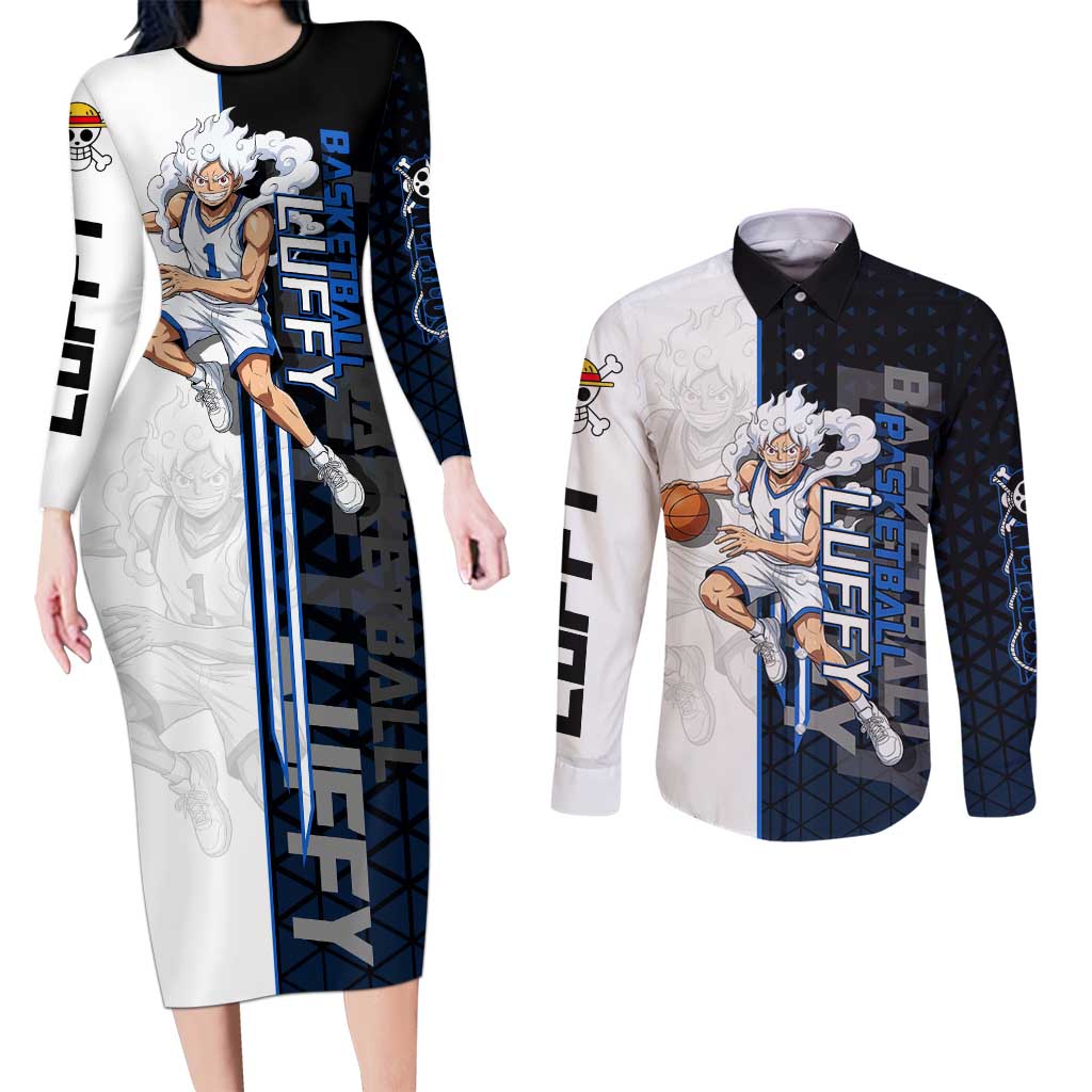 Luffy Gear 5 One Piece Basketball Theme White and Black Design Couples Matching Long Sleeve Bodycon Dress and Long Sleeve Button Shirt with Straw Hat Emblem and Dynamic Action Pose - The Mazicc