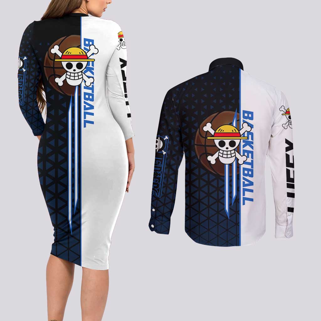 Luffy Gear 5 One Piece Basketball Theme White and Black Design Couples Matching Long Sleeve Bodycon Dress and Long Sleeve Button Shirt with Straw Hat Emblem and Dynamic Action Pose - The Mazicc