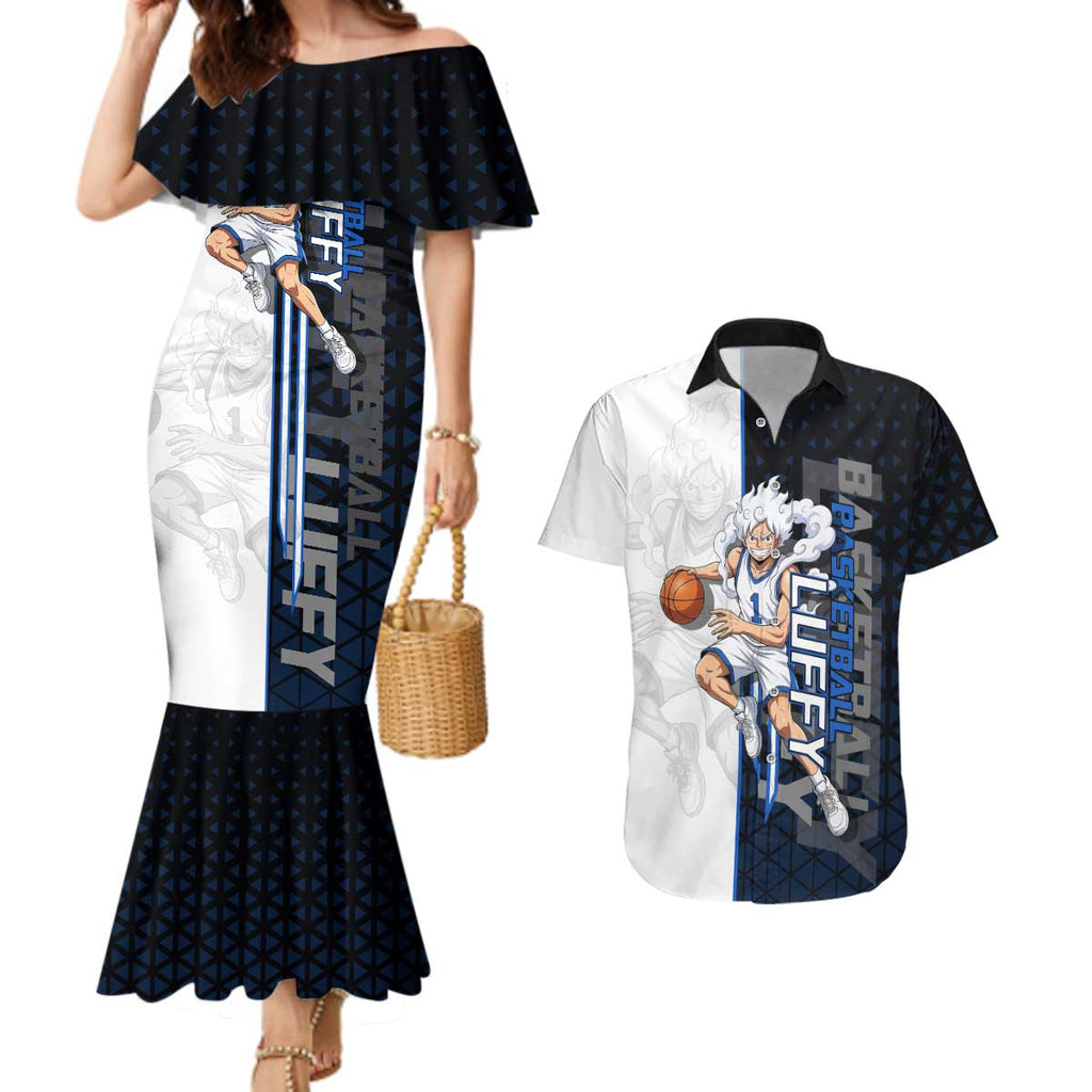 Luffy Gear 5 One Piece Basketball Theme White and Black Design Couples Matching Mermaid Dress and Hawaiian Shirt with Straw Hat Emblem and Dynamic Action Pose - The Mazicc