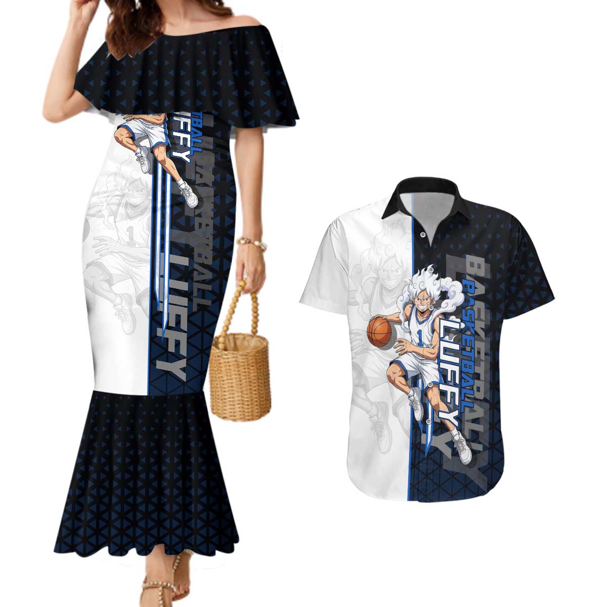 Luffy Gear 5 One Piece Basketball Theme White and Black Design Couples Matching Mermaid Dress and Hawaiian Shirt with Straw Hat Emblem and Dynamic Action Pose - The Mazicc