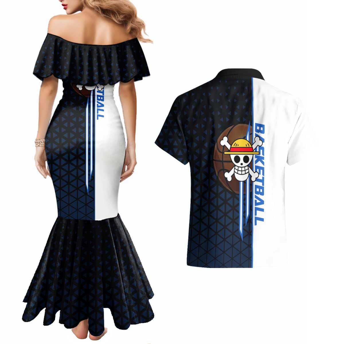 Luffy Gear 5 One Piece Basketball Theme White and Black Design Couples Matching Mermaid Dress and Hawaiian Shirt with Straw Hat Emblem and Dynamic Action Pose - The Mazicc
