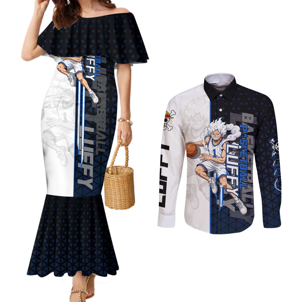 Luffy Gear 5 One Piece Basketball Theme White and Black Design Couples Matching Mermaid Dress and Long Sleeve Button Shirt with Straw Hat Emblem and Dynamic Action Pose - The Mazicc