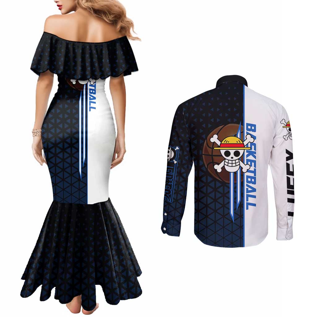 Luffy Gear 5 One Piece Basketball Theme White and Black Design Couples Matching Mermaid Dress and Long Sleeve Button Shirt with Straw Hat Emblem and Dynamic Action Pose - The Mazicc