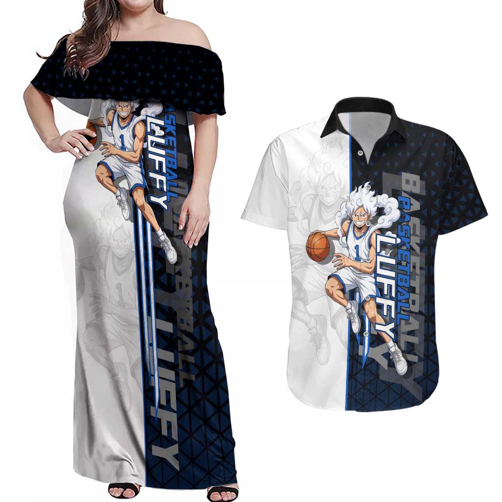 Luffy Gear 5 One Piece Basketball Theme White and Black Design Couples Matching Off Shoulder Maxi Dress and Hawaiian Shirt with Straw Hat Emblem and Dynamic Action Pose - The Mazicc