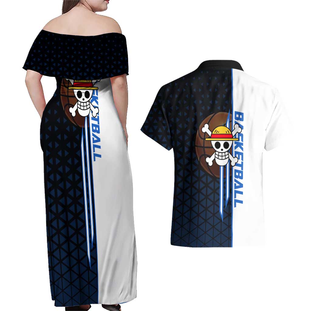 Luffy Gear 5 One Piece Basketball Theme White and Black Design Couples Matching Off Shoulder Maxi Dress and Hawaiian Shirt with Straw Hat Emblem and Dynamic Action Pose - The Mazicc