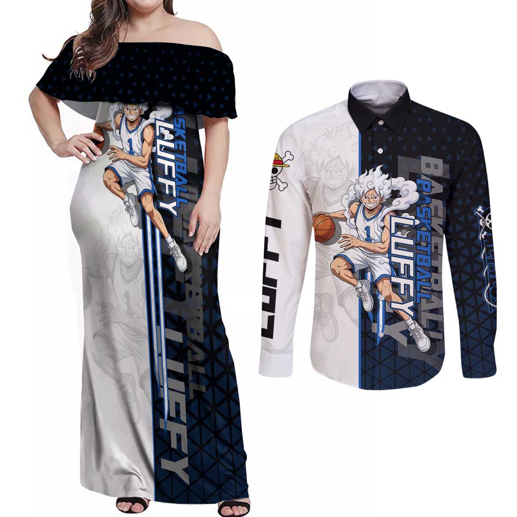 Luffy Gear 5 One Piece Basketball Theme White and Black Design Couples Matching Off Shoulder Maxi Dress and Long Sleeve Button Shirt with Straw Hat Emblem and Dynamic Action Pose - The Mazicc