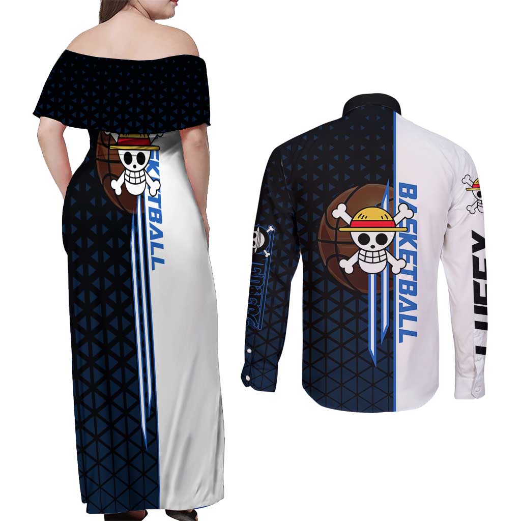 Luffy Gear 5 One Piece Basketball Theme White and Black Design Couples Matching Off Shoulder Maxi Dress and Long Sleeve Button Shirt with Straw Hat Emblem and Dynamic Action Pose - The Mazicc