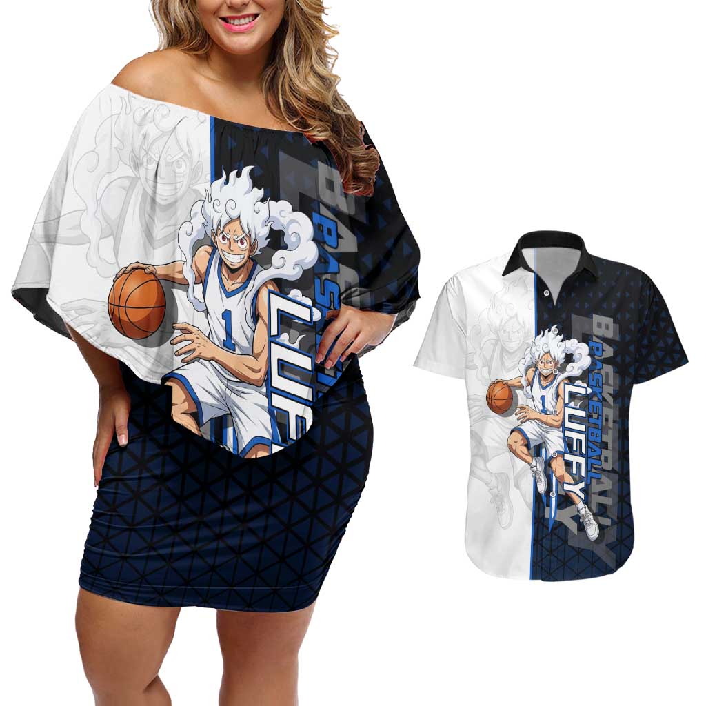 Luffy Gear 5 One Piece Basketball Theme White and Black Design Couples Matching Off Shoulder Short Dress and Hawaiian Shirt with Straw Hat Emblem and Dynamic Action Pose - The Mazicc
