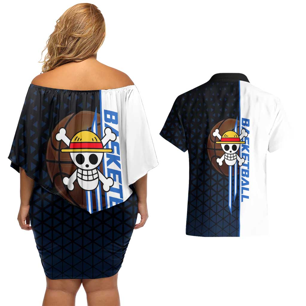 Luffy Gear 5 One Piece Basketball Theme White and Black Design Couples Matching Off Shoulder Short Dress and Hawaiian Shirt with Straw Hat Emblem and Dynamic Action Pose - The Mazicc