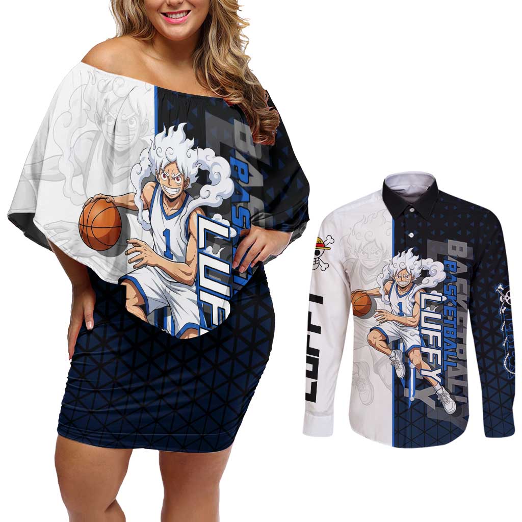Luffy Gear 5 One Piece Basketball Theme White and Black Design Couples Matching Off Shoulder Short Dress and Long Sleeve Button Shirt with Straw Hat Emblem and Dynamic Action Pose - The Mazicc