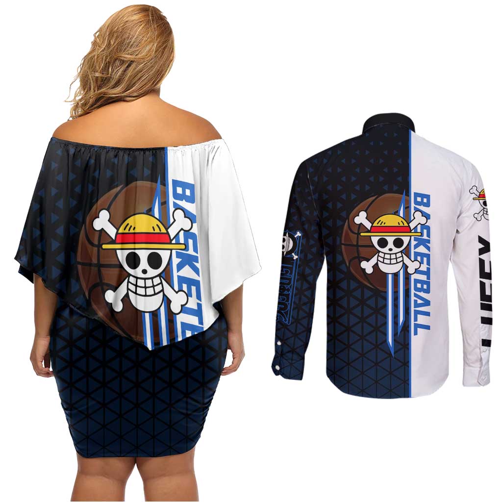 Luffy Gear 5 One Piece Basketball Theme White and Black Design Couples Matching Off Shoulder Short Dress and Long Sleeve Button Shirt with Straw Hat Emblem and Dynamic Action Pose - The Mazicc