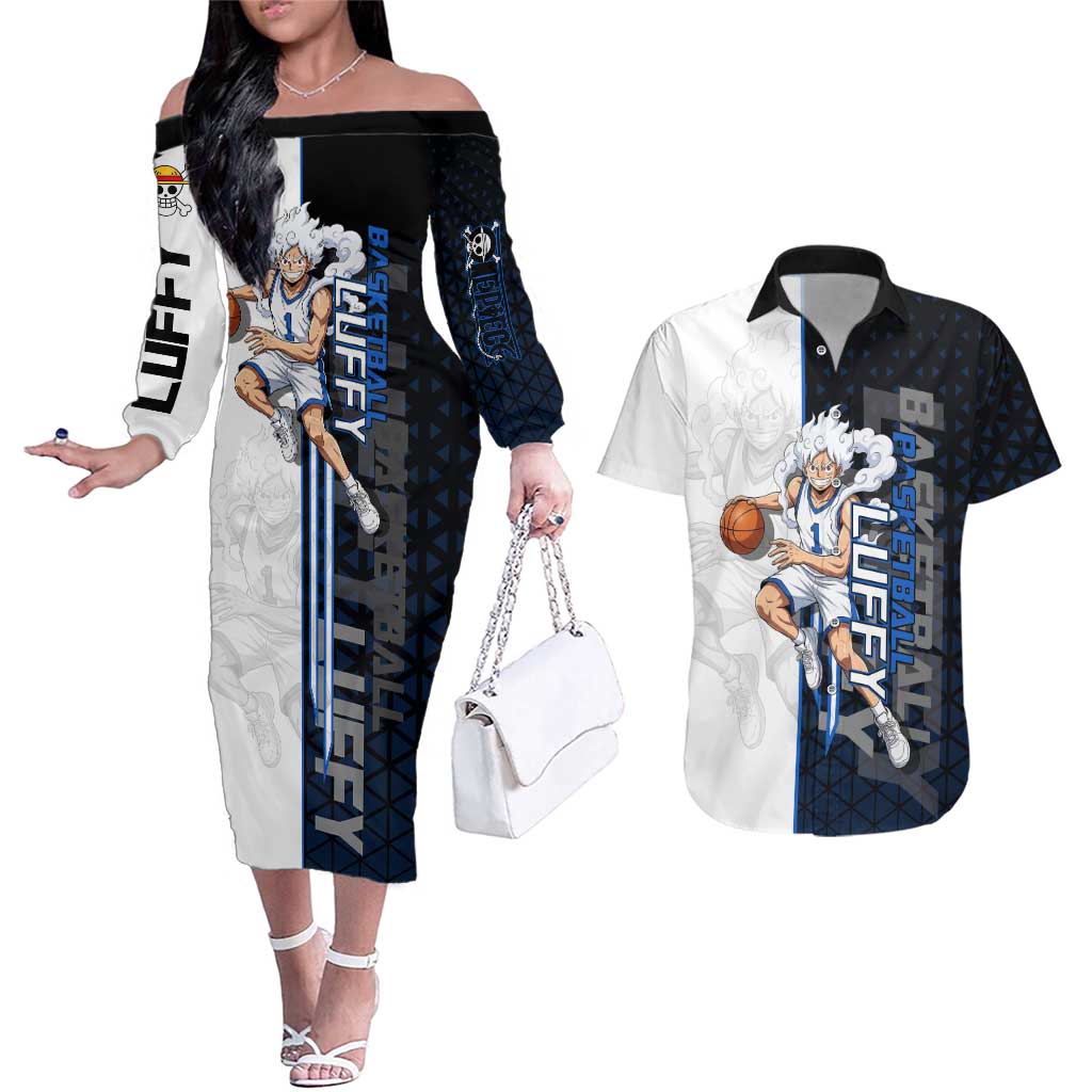 Luffy Gear 5 One Piece Basketball Theme White and Black Design Couples Matching Off The Shoulder Long Sleeve Dress and Hawaiian Shirt with Straw Hat Emblem and Dynamic Action Pose - The Mazicc