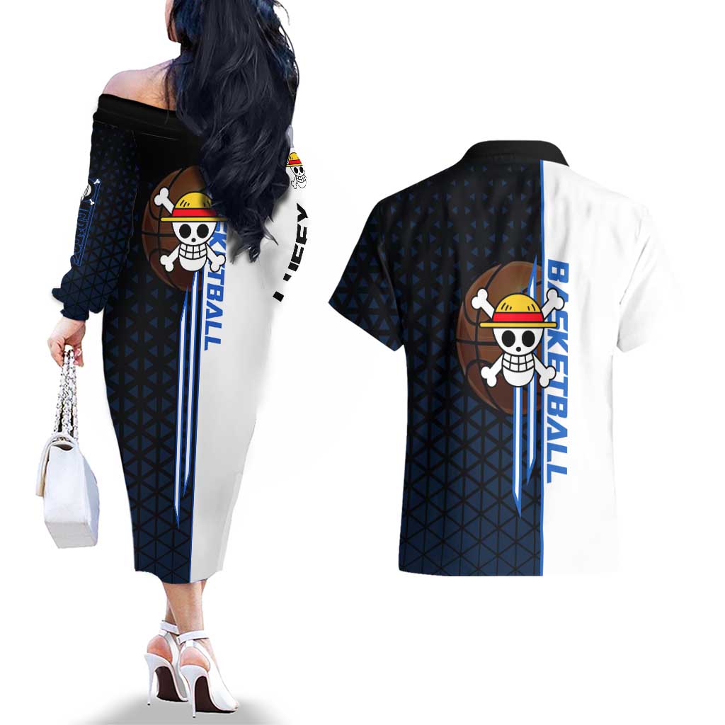 Luffy Gear 5 One Piece Basketball Theme White and Black Design Couples Matching Off The Shoulder Long Sleeve Dress and Hawaiian Shirt with Straw Hat Emblem and Dynamic Action Pose - The Mazicc