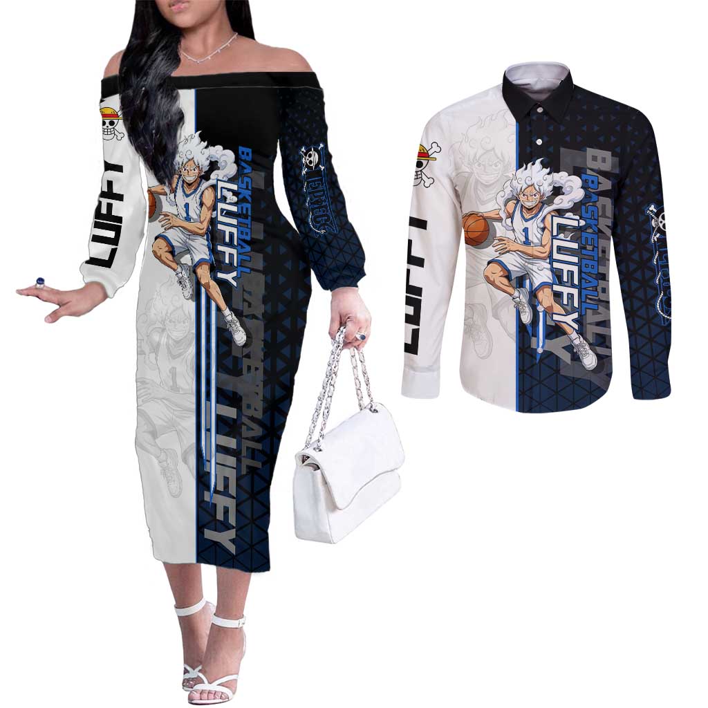 Luffy Gear 5 One Piece Basketball Theme White and Black Design Couples Matching Off The Shoulder Long Sleeve Dress and Long Sleeve Button Shirt with Straw Hat Emblem and Dynamic Action Pose - The Mazicc