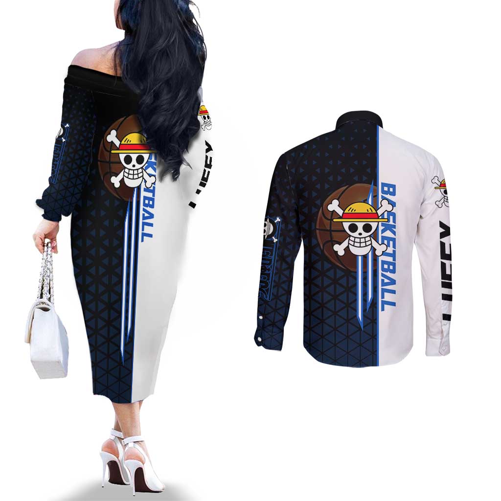 Luffy Gear 5 One Piece Basketball Theme White and Black Design Couples Matching Off The Shoulder Long Sleeve Dress and Long Sleeve Button Shirt with Straw Hat Emblem and Dynamic Action Pose - The Mazicc