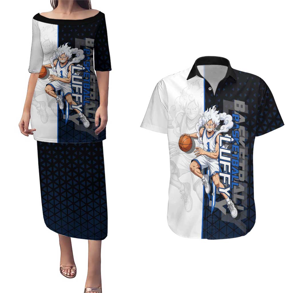 Luffy Gear 5 One Piece Basketball Theme White and Black Design Couples Matching Puletasi and Hawaiian Shirt with Straw Hat Emblem and Dynamic Action Pose - The Mazicc