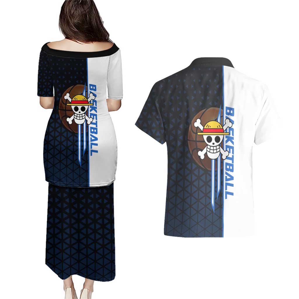 Luffy Gear 5 One Piece Basketball Theme White and Black Design Couples Matching Puletasi and Hawaiian Shirt with Straw Hat Emblem and Dynamic Action Pose - The Mazicc