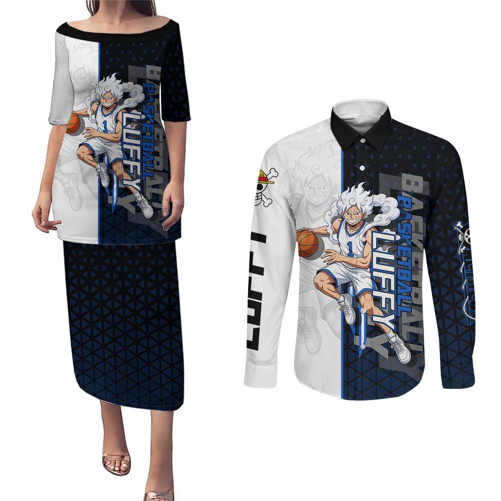 Luffy Gear 5 One Piece Basketball Theme White and Black Design Couples Matching Puletasi and Long Sleeve Button Shirt with Straw Hat Emblem and Dynamic Action Pose - The Mazicc