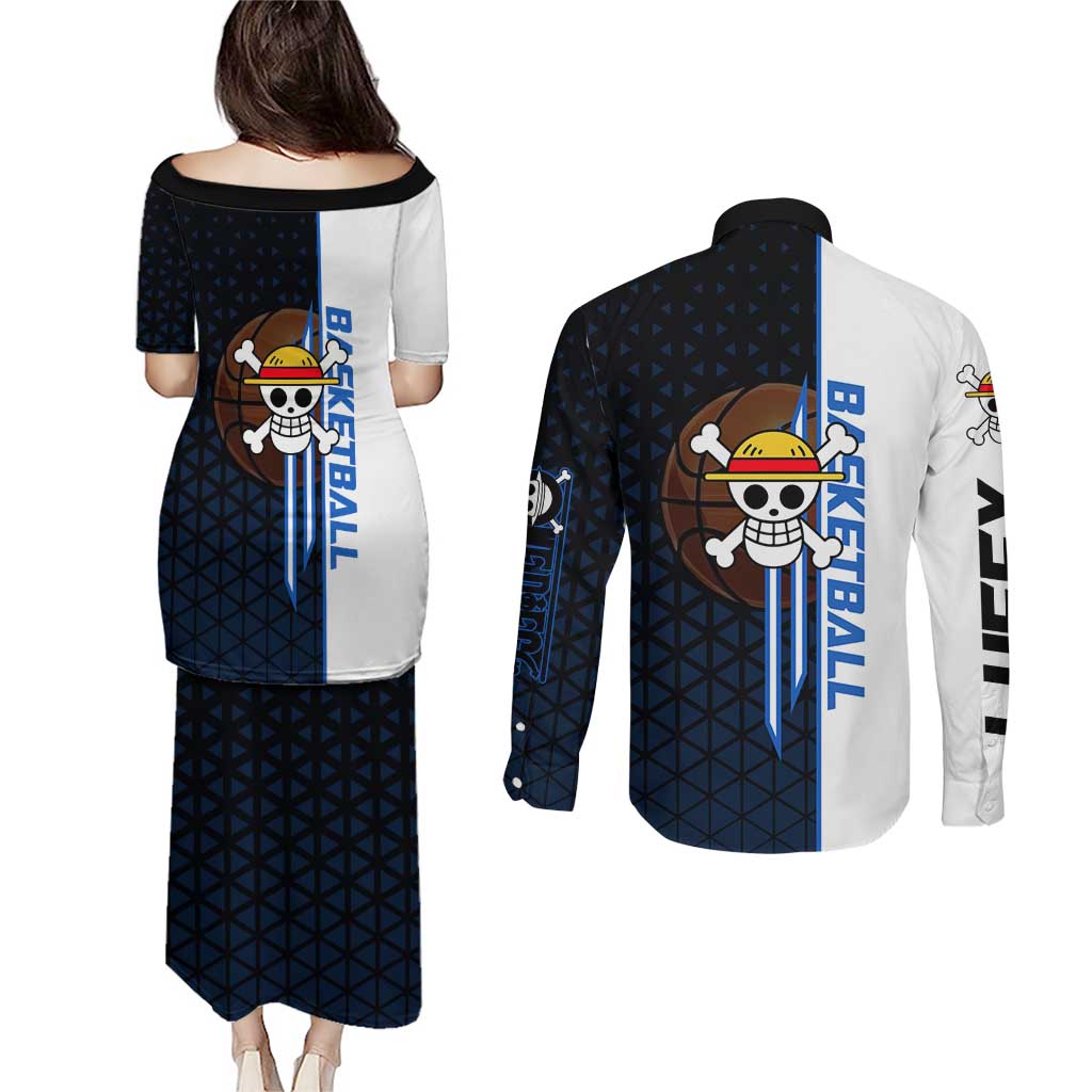Luffy Gear 5 One Piece Basketball Theme White and Black Design Couples Matching Puletasi and Long Sleeve Button Shirt with Straw Hat Emblem and Dynamic Action Pose - The Mazicc