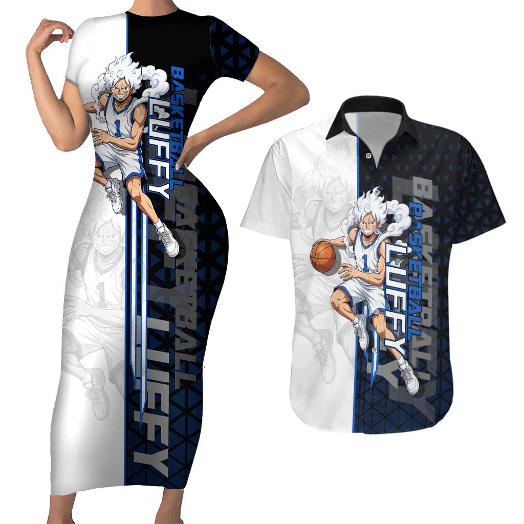 Luffy Gear 5 One Piece Basketball Theme White and Black Design Couples Matching Short Sleeve Bodycon Dress and Hawaiian Shirt with Straw Hat Emblem and Dynamic Action Pose - The Mazicc