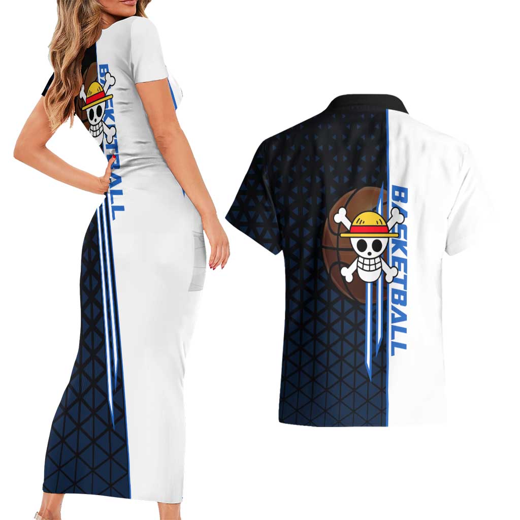 Luffy Gear 5 One Piece Basketball Theme White and Black Design Couples Matching Short Sleeve Bodycon Dress and Hawaiian Shirt with Straw Hat Emblem and Dynamic Action Pose - The Mazicc