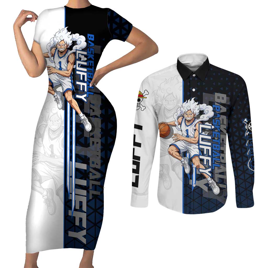Luffy Gear 5 One Piece Basketball Theme White and Black Design Couples Matching Short Sleeve Bodycon Dress and Long Sleeve Button Shirt with Straw Hat Emblem and Dynamic Action Pose - The Mazicc