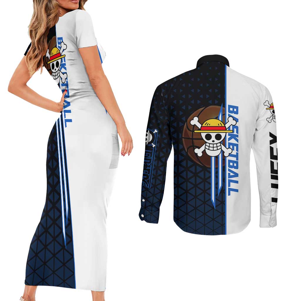 Luffy Gear 5 One Piece Basketball Theme White and Black Design Couples Matching Short Sleeve Bodycon Dress and Long Sleeve Button Shirt with Straw Hat Emblem and Dynamic Action Pose - The Mazicc