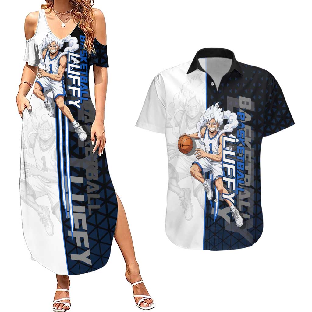 Luffy Gear 5 One Piece Basketball Theme White and Black Design Couples Matching Summer Maxi Dress and Hawaiian Shirt with Straw Hat Emblem and Dynamic Action Pose - The Mazicc