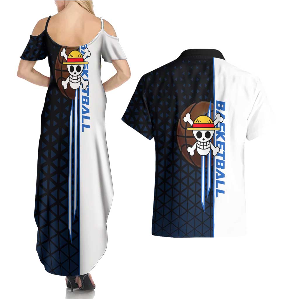 Luffy Gear 5 One Piece Basketball Theme White and Black Design Couples Matching Summer Maxi Dress and Hawaiian Shirt with Straw Hat Emblem and Dynamic Action Pose - The Mazicc