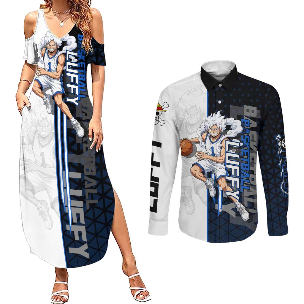 Luffy Gear 5 One Piece Basketball Theme White and Black Design Couples Matching Summer Maxi Dress and Long Sleeve Button Shirt with Straw Hat Emblem and Dynamic Action Pose - The Mazicc