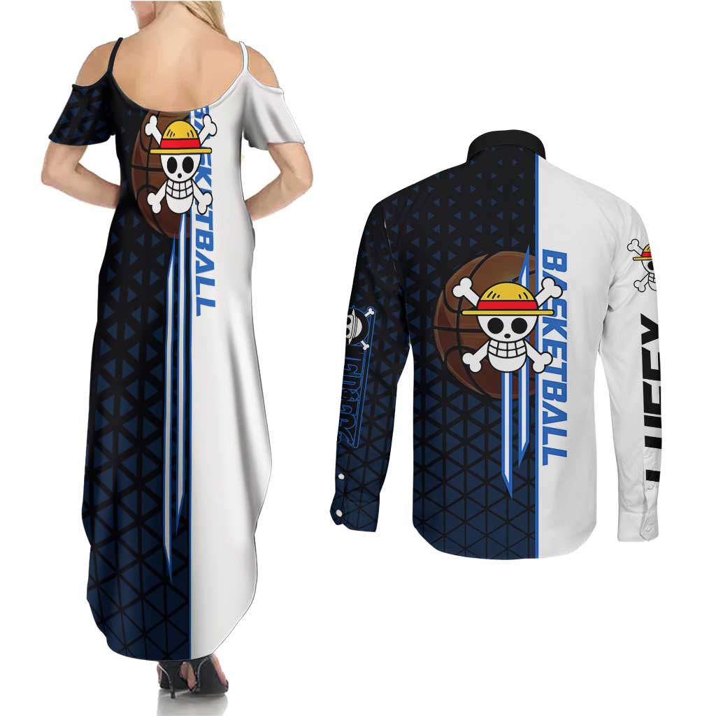 Luffy Gear 5 One Piece Basketball Theme White and Black Design Couples Matching Summer Maxi Dress and Long Sleeve Button Shirt with Straw Hat Emblem and Dynamic Action Pose - The Mazicc