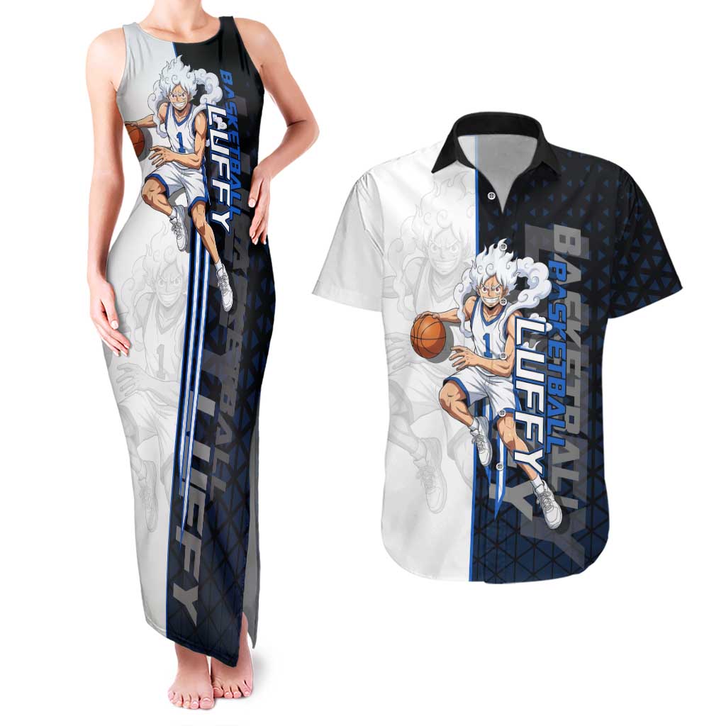 Luffy Gear 5 One Piece Basketball Theme White and Black Design Couples Matching Tank Maxi Dress and Hawaiian Shirt with Straw Hat Emblem and Dynamic Action Pose - The Mazicc