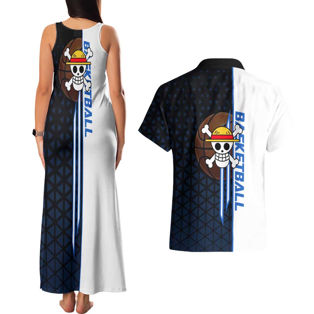 Luffy Gear 5 One Piece Basketball Theme White and Black Design Couples Matching Tank Maxi Dress and Hawaiian Shirt with Straw Hat Emblem and Dynamic Action Pose - The Mazicc