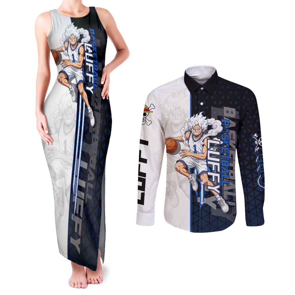 Luffy Gear 5 One Piece Basketball Theme White and Black Design Couples Matching Tank Maxi Dress and Long Sleeve Button Shirt with Straw Hat Emblem and Dynamic Action Pose - The Mazicc