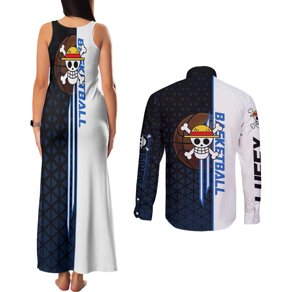 Luffy Gear 5 One Piece Basketball Theme White and Black Design Couples Matching Tank Maxi Dress and Long Sleeve Button Shirt with Straw Hat Emblem and Dynamic Action Pose - The Mazicc