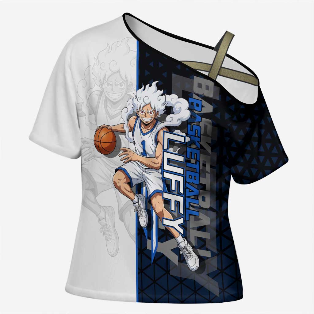 Luffy Gear 5 One Piece Basketball Theme White and Black Design Cross Shoulder Shirt with Straw Hat Emblem and Dynamic Action Pose - The Mazicc